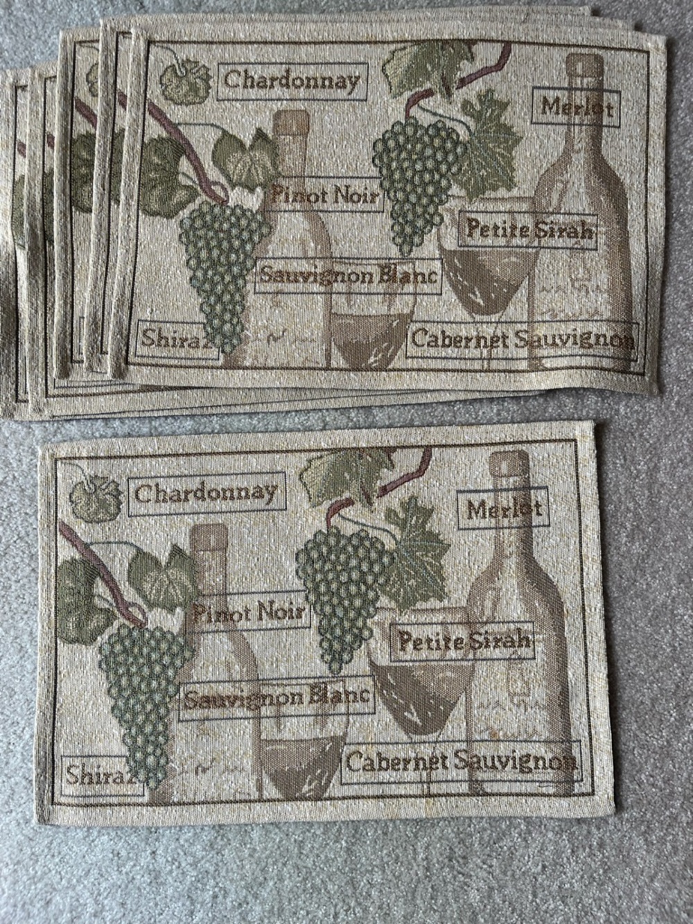 6 Wine Label Print Placemats - Beige and Green Table Linens